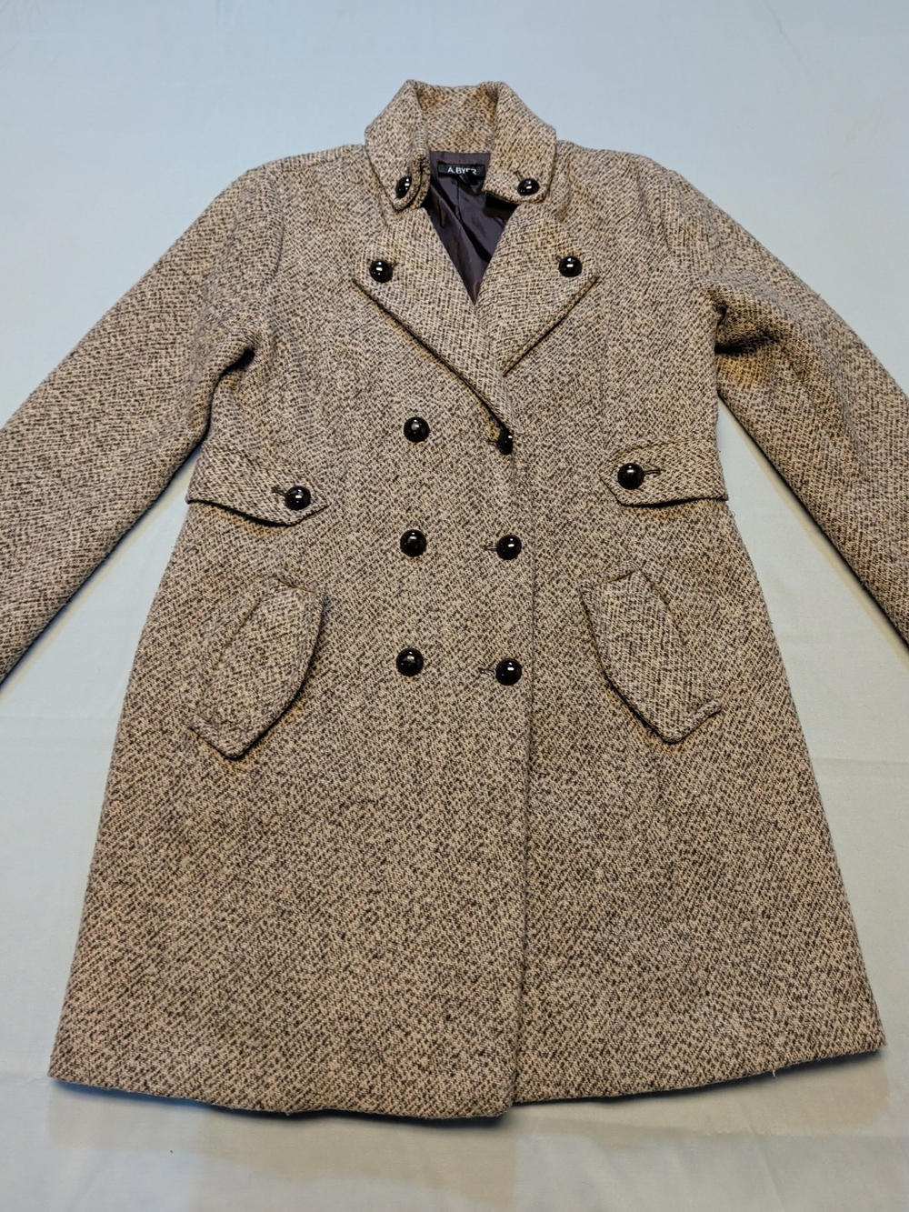 A. Byer Women's Size L Brown Wool Blend Double-Breasted Tweed Pea Coat